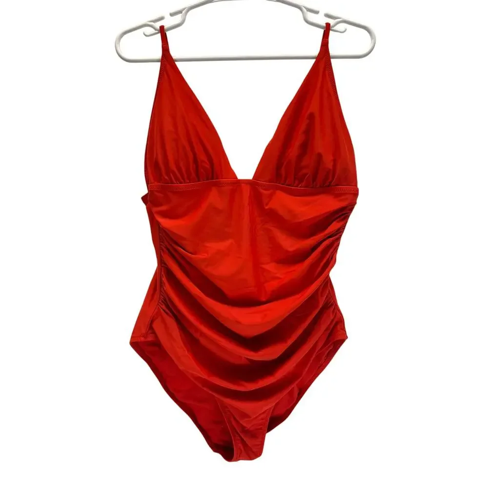 J. Crew Ruched Plunge One-Piece Swimsuit Long Torso Rey Size 16